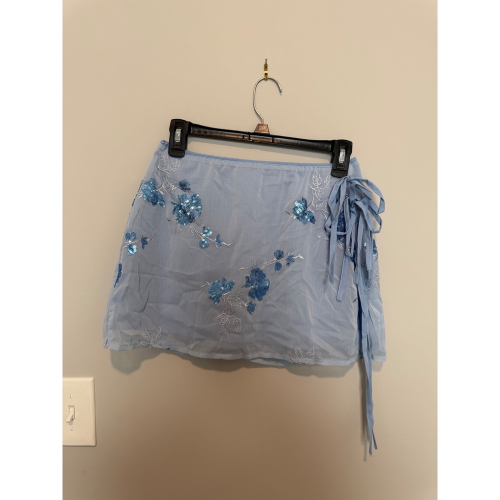 SHEIN Light Blue Floral Sequin Embroidered Mini Skirt Side Tie Size M